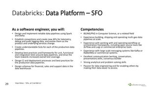 Databricks: Data Platform – SFO
As a software engineer, you will:
• Design and implement reliable data pipelines using Spa...