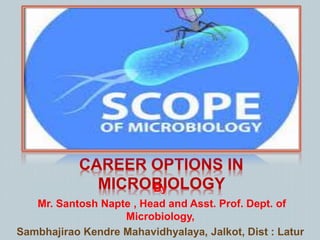 CAREER OPTIONS IN
MICROBIOLOGY
By
Mr. Santosh Napte , Head and Asst. Prof. Dept. of
Microbiology,
Sambhajirao Kendre Mahavidhyalaya, Jalkot, Dist : Latur
 