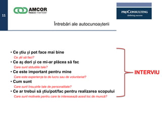 11

                                   Întrebări ale autocunoașterii




     • Ce știu și pot face mai bine
      Ce știi să faci?
     • Ce aș dori și ce mi-ar plăcea să fac
      Care sunt stdudiile tale?
     • Ce este important pentru mine                                      INTERVIU
      Care este experiența ta de lucru sau de voluntariat?
     • Cum sunt
      Care sunt însușirile tale de personalitate?
     • Ce ar trebui să știu/pot/fac pentru realizarea scopului
      Care sunt motivele pentru care te interesează acest loc de muncă?
 