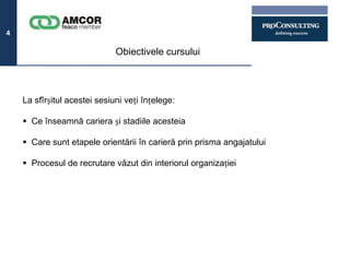 4

                              Obiectivele cursului



    La sfîrșitul acestei sesiuni veți înțelege:

     Ce înseamnă cariera și stadiile acesteia

     Care sunt etapele orientării în carieră prin prisma angajatului

     Procesul de recrutare văzut din interiorul organizației
 
