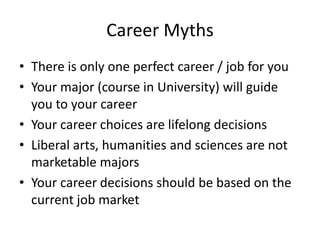Career Myths
• There is only one perfect career / job for you
• Your major (course in University) will guide
you to your career
• Your career choices are lifelong decisions
• Liberal arts, humanities and sciences are not
marketable majors
• Your career decisions should be based on the
current job market
 