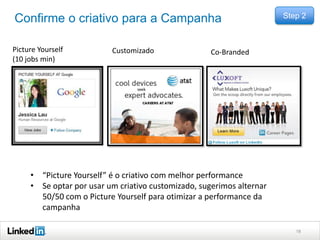 Confirme o criativo para a Campanha
Picture Yourself
(10 jobs min)

Customizado

Step 2

Co-Branded

• “Picture Yourself” é o criativo com melhor performance
• Se optar por usar um criativo customizado, sugerimos alternar
50/50 com o Picture Yourself para otimizar a performance da
campanha
18

 