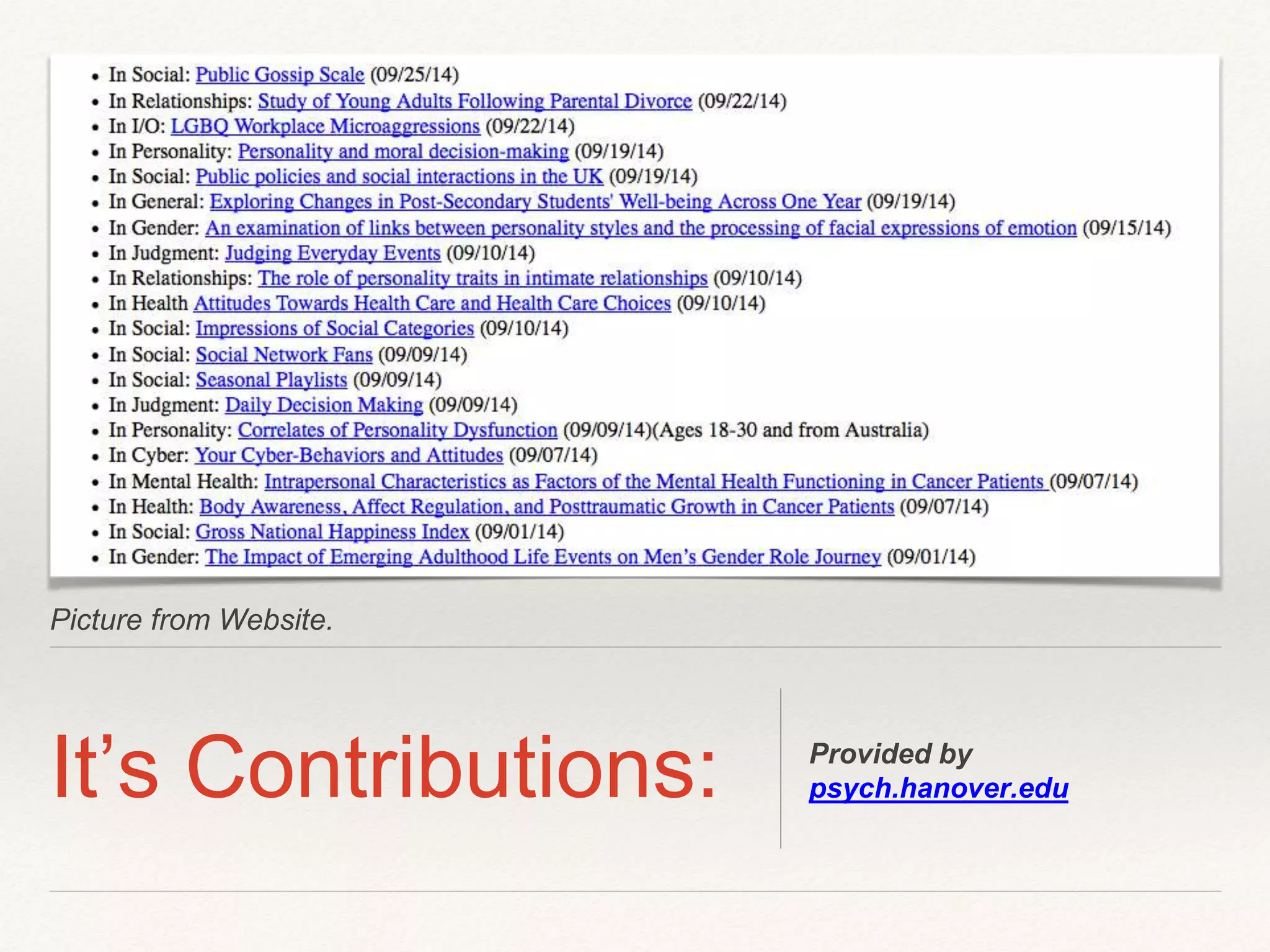 Picture from Website. 
It’s Contributions: Provided by 
psych.hanover.edu 
 