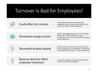 Turnover is Bad for Employees!
Could affect the mission
The constant need to hire and train new
employees makes it easy to...