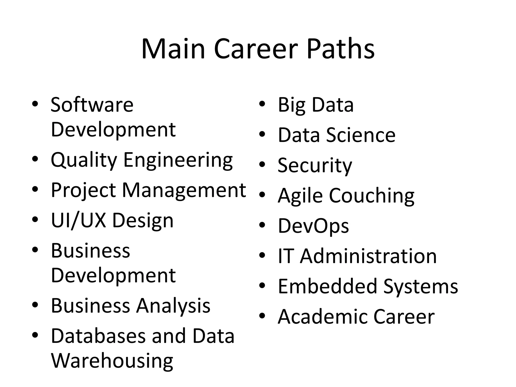 Main Career Paths
• Software
Development
• Quality Engineering
• Project Management
• UI/UX Design
• Business
Development
• Business Analysis
• Databases and Data
Warehousing
• Big Data
• Data Science
• Security
• Agile Couching
• DevOps
• IT Administration
• Embedded Systems
• Academic Career
 