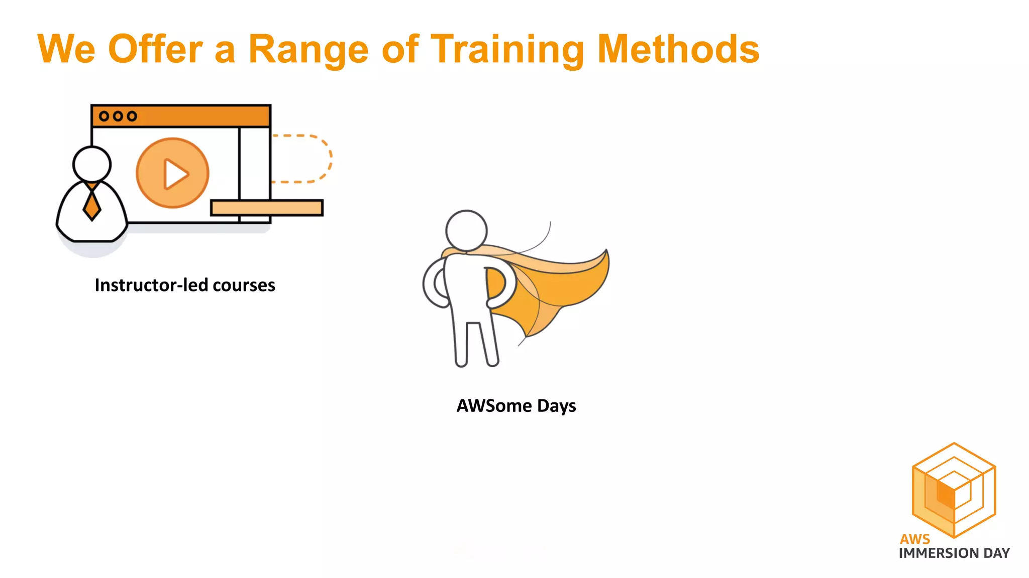 We Offer a Range of Training Methods
Instructor-led courses
AWSome Days
 