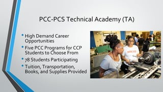 PCC-PCS Technical Academy (TA)
•High Demand Career
Opportunities
•Five PCC Programs for CCP
Students to Choose From
•78 Students Participating
•Tuition, Transportation,
Books, and Supplies Provided
 