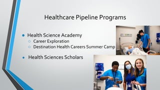 Healthcare Pipeline Programs
● Health Science Academy
○ Career Exploration
○ Destination Health Careers Summer Camp
● Health Sciences Scholars
 