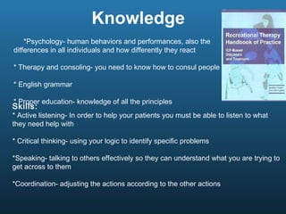 Knowledge   *Psychology- human behaviors and performances, also the  differences in all individuals and how differently they react * Therapy and consoling- you need to know how to consul people * English grammar * Proper education- knowledge of all the principles  Skills:   * Active listening- In order to help your patients you must be able to listen to what they need help with * Critical thinking- using your logic to identify specific problems *Speaking- talking to others effectively so they can understand what you are trying to get across to them *Coordination- adjusting the actions according to the other actions  