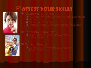  Assess Your Skills
    Academic Strengths
        Reading, Writing, Speaking, and Listening
        Math
        Creative Thinking
        Problem Solving and Decision Making

    Personal Qualities
        Self-Esteem, Self-Management,
         Responsibility

    People Skills
        Social, Negotiation, Leadership,
         Teamwork
 