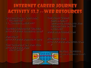 Internet Career Journey
 Activity 13.2 --Web Resources
Occupational Outlook       The Riley Guide:
  Handbook                   Employment
11_Careers_new.ppt           Opportunities and Job
                             Resources on the
Career Resource Center       Internet
http://www.careers.org/    www.rileyguide.com

Job Hunt
http://www.job-hunt.org    Monster.com
                           http://www.monster.com
The Catapult on Job W eb     /
http://www.job-
  hunt.org/
                           Quintessential Careers
                           http://www.quintcareers.com/i
                              ndex.html
 