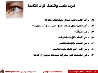 ‫الوظيفي‬ ‫مسارك‬ ‫ختطط‬ ‫كيف‬‫االستشاري‬/‫بيق‬ ‫آق‬ ‫صبحي‬–sakbik@aol.com
‫اعرف‬‫قواك‬ ‫واكتشف‬ ‫نفسك‬‫الكامنة‬
15)‫إلجنازها؟‬ ‫الطاقة‬ ‫نفسك‬ ‫يف‬ ‫تبث‬ ‫التي‬ ‫األعمال‬ ‫أكثر‬ ‫ما‬
16)‫العمل‬ ‫أماكن‬ ‫أكثر‬ ‫ما‬(‫العمل‬ ‫جماالت‬)‫بها؟‬ ‫تعمل‬ ‫أنك‬ ‫لو‬ ‫تود‬ ‫التي‬
17)‫الشركات؟‬ ‫هي‬ ‫ما‬
18)‫الشركات؟‬ ‫تلك‬ ‫داخل‬ ‫األقسام‬ ‫هي‬ ‫ما‬
19)‫األقسام؟‬ ‫تلك‬ ‫داخل‬ ‫املناصب‬ ‫هي‬ ‫ما‬
20)‫املناصب؟‬ ‫بهذه‬ ‫تتعلق‬ ‫التي‬ ‫األدوار‬ ‫هي‬ ‫ما‬
21)‫هدفك؟‬ ‫إىل‬ ‫للوصول‬ ‫ستقدمها‬ ‫أنك‬ ‫تشعر‬ ‫التي‬ ‫التضحيات‬ ‫هي‬ ‫ما‬
 