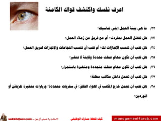 ‫الوظيفي‬ ‫مسارك‬ ‫ختطط‬ ‫كيف‬‫االستشاري‬/‫بيق‬ ‫آق‬ ‫صبحي‬–sakbik@aol.com
‫اعرف‬‫قواك‬ ‫واكتشف‬ ‫نفسك‬‫الكامنة‬
22)‫تناسبك؟‬ ‫التي‬ ‫العمل‬ ‫بيئة‬ ‫هي‬ ‫ما‬
23)‫العمل؟‬ ‫زمالء‬ ‫من‬ ‫فريق‬ ‫مع‬ ‫أم‬ ‫مبفردك؟‬ ‫العمل‬ ‫تفضل‬ ‫هل‬
24)‫العمل؟‬ ‫لفريق‬ ‫واإلجنازات‬ ‫النجاحات‬ ‫تنسب‬ ‫أن‬ ‫حتب‬ ‫أم‬ ‫لك؟‬ ‫اإلجنازات‬ ‫تنسب‬ ‫أن‬ ‫حتب‬ ‫هل‬
25)‫تتغري؟‬ ‫ال‬ ‫وثابتة‬ ‫حمددة‬ ‫عملك‬ ‫مهام‬ ‫تكون‬ ‫أن‬ ‫حتب‬ ‫هل‬
26)‫باستمرار؟‬ ‫ومتغرية‬ ‫متجددة‬ ‫عملك‬ ‫مهام‬ ‫تكون‬ ‫أن‬ ‫حتب‬ ‫هل‬
27)‫مغلقة؟‬ ‫مكاتب‬ ‫داخل‬ ‫تعمل‬ ‫أن‬ ‫حتب‬ ‫هل‬
28)‫أو‬ ‫للزبائن‬ ‫متغرية‬ ‫وزيارات‬ ‫متعددة؟‬ ‫سفريات‬ ‫يف‬ ‫الطلق؟‬ ‫اهلواء‬ ‫يف‬ ‫املكتب‬ ‫خارج‬ ‫تعمل‬ ‫أن‬ ‫حتب‬ ‫هل‬
‫املوردين؟‬
 