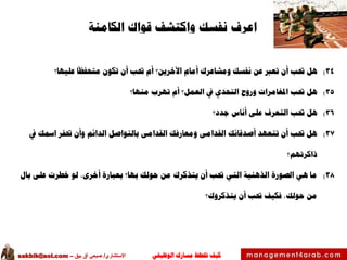 ‫الوظيفي‬ ‫مسارك‬ ‫ختطط‬ ‫كيف‬‫االستشاري‬/‫بيق‬ ‫آق‬ ‫صبحي‬–sakbik@aol.com
‫اعرف‬‫قواك‬ ‫واكتشف‬ ‫نفسك‬‫الكامنة‬
34)‫عليها؟‬ ‫متحفظا‬ ‫تكون‬ ‫أن‬ ‫حتب‬ ‫أم‬ ‫اآلخرين؟‬ ‫أمام‬ ‫ومشاعرك‬ ‫نفسك‬ ‫عن‬ ‫تعرب‬ ‫أن‬ ‫حتب‬ ‫هل‬
35)‫منها؟‬ ‫تهرب‬ ‫أم‬ ‫العمل؟‬ ‫يف‬ ‫التحدي‬ ‫وروح‬ ‫املغامرات‬ ‫حتب‬ ‫هل‬
36)‫جدد؟‬ ‫أناس‬ ‫على‬ ‫التعرف‬ ‫حتب‬ ‫هل‬
37)‫يف‬ ‫امسك‬ ‫حتفر‬ ‫وأن‬ ‫الدائم‬ ‫بالتواصل‬ ‫القدامى‬ ‫ومعارفك‬ ‫القدامى‬ ‫أصدقائك‬ ‫تتعهد‬ ‫أن‬ ‫حتب‬ ‫هل‬
‫ذاكرتهم؟‬
38)‫بال‬ ‫على‬ ‫خطرت‬ ‫لو‬ ،‫أخرى‬ ‫بعبارة‬ ‫بها؟‬ ‫حولك‬ ‫من‬ ‫يتذكرك‬ ‫أن‬ ‫حتب‬ ‫التي‬ ‫الذهنية‬ ‫الصورة‬ ‫هي‬ ‫ما‬
‫يتذكروك‬ ‫أن‬ ‫حتب‬ ‫فكيف‬ ،‫حولك‬ ‫من‬‫؟‬
 