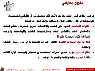 ‫الوظيفي‬ ‫مسارك‬ ‫ختطط‬ ‫كيف‬‫االستشاري‬/‫بيق‬ ‫آق‬ ‫صبحي‬–sakbik@aol.com
‫مهاراتي‬ ‫خمزون‬
‫ما‬‫هي‬‫املهارت‬‫التي‬‫أمتتع‬‫بها‬‫بها‬‫وأشعر‬‫أنها‬‫ستساعدني‬‫يف‬‫وظيفتي‬،‫املستقبلية‬
‫قم‬‫بنظمها‬‫يف‬‫جدول‬،‫خاص‬‫ميكن‬‫االستعانة‬‫بقائمة‬‫املهارات‬‫التالية‬
-‫املهارات‬‫األساسية‬:‫القدرة‬‫على‬‫التعلم‬‫واالكتساب‬‫السريع‬‫للمعرفة‬(‫التعلم‬‫النشط‬
‫واالستماع‬‫النشط‬‫والتكفري‬‫الناقد‬‫واسرتاتيجيات‬‫التعلم‬‫والرياضيات‬‫واملراقبة‬
‫البناءة‬‫والكتابة‬‫واحملادثة‬‫وغريها‬...
-‫مهارات‬‫حل‬‫املشكالت‬‫املعقدة‬:‫تطوير‬‫القدرات‬‫املستخدمة‬‫يف‬‫حل‬‫األشياء‬‫املبهمة‬
‫و‬‫املعقدة‬
-‫مهارات‬‫إدارة‬‫املوارد‬:‫تطوير‬‫القدرات‬‫املستخدمة‬‫يف‬‫ختصيص‬‫وتوظيف‬‫املوارد‬‫املتاحة‬
‫بكفاءة‬(‫املوارد‬‫املالية‬‫واملادية‬‫والبشرية‬‫والوقت‬...)
 