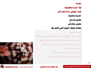 ‫الوظيفي‬ ‫مسارك‬ ‫ختطط‬ ‫كيف‬‫االستشاري‬/‫بيق‬ ‫آق‬ ‫صبحي‬–sakbik@aol.com
25
‫مقدمة‬
‫أوال‬:‫شخصيتك‬ ‫اعرف‬
‫ثانيا‬:‫اآلن‬ ‫عليه‬ ‫أنا‬ ‫ما‬ ‫تلخيص‬
‫الدراية‬‫واملعرفة‬:
‫خمزون‬‫قدراتي‬
‫خمزون‬‫مهاراتي‬
‫جماالت‬‫بها‬ ‫أهتم‬ ‫التي‬ ‫العمل‬ ‫وأجواء‬
‫قيمي‬‫املهنية‬
‫داخله‬ ‫مبصريي‬ ‫التحكم‬ ‫سأحاول‬ ‫الذي‬ ‫العمل‬ ‫سوق‬ ‫دراسة‬
‫العمل‬ ‫السوق‬ ‫يف‬ ‫واملستحدثة‬ ‫املتاحة‬ ‫الوظائف‬ ‫دراسة‬
‫شخصيتك‬ ‫وتواءم‬ ‫تهمك‬ ‫التي‬ ‫الوظائف‬ ‫أهم‬ ‫اخرت‬
‫الذاتية‬ ‫سريتك‬ ‫اكتب‬
‫الشركات‬ ‫تلك‬ ‫مع‬ ‫التواصل‬ ‫خطة‬ ‫ضع‬
‫الشركة‬ ‫داخل‬ ‫الوظيفي‬ ‫تطورك‬ ‫خطة‬ ‫ضع‬
 