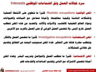 ‫الوظيفي‬ ‫مسارك‬ ‫ختطط‬ ‫كيف‬‫االستشاري‬/‫بيق‬ ‫آق‬ ‫صبحي‬–sakbik@aol.com
‫املوظفني‬ ‫اهتمامات‬ ‫وفق‬ ‫العمل‬ ‫جملاالت‬ ‫سرد‬Interests
•‫املهن‬‫الواقعية‬Realistic occupations:‫كثريا‬‫ما‬‫تنطوي‬‫على‬‫األنشطة‬‫العملية‬
‫واملشكالت‬‫الناشئة‬‫وكيفية‬‫معاجلتها‬،‫وأحيانا‬‫تتعامل‬‫مع‬‫النباتات‬‫واحليوانات‬
‫ومواد‬‫العامل‬‫احلقيقية‬‫كاخلشب‬،‫واألدوات‬‫واآلالت‬.‫والعديد‬‫من‬‫هذه‬‫املهن‬‫تتطلب‬
‫العمل‬‫خارج‬‫املبىن‬،‫وال‬‫تتضمن‬‫العمل‬‫الورقي‬‫أو‬‫حىت‬‫العمل‬‫بالقرب‬‫مع‬‫اآلخرين‬.
•‫املهن‬‫االستقصائية‬Investigative occupations:‫كثريا‬‫ما‬‫تتضمن‬‫العمل‬‫باالفكار‬،
‫وتتطلب‬‫مقدرة‬‫هائلة‬‫على‬‫التفكري‬.‫هذه‬‫املهن‬‫تستوجب‬‫البحث‬‫عن‬‫احلقائق‬‫و‬‫تقديم‬
‫حل‬‫عقالني‬‫للمشكالت‬..
•‫املهن‬‫االجتماعية‬:‫كثريا‬‫ما‬‫تتطلب‬‫العمل‬‫والتواصل‬‫وتدريب‬‫البشر‬.‫وهذه‬‫املهن‬
‫أحيانا‬‫تتضمن‬‫االشرتاك‬‫مع‬‫الناس‬‫وتقديم‬‫املساعدات‬‫واخلدمات‬‫هلم‬.
 