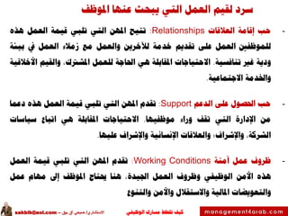 ‫الوظيفي‬ ‫مسارك‬ ‫ختطط‬ ‫كيف‬‫االستشاري‬/‫بيق‬ ‫آق‬ ‫صبحي‬–sakbik@aol.com
‫املوظف‬ ‫عنها‬ ‫يبحث‬ ‫التي‬ ‫العمل‬ ‫لقيم‬ ‫سرد‬
-‫حب‬‫إقامة‬‫العالقات‬Relationships:‫تتيح‬‫املهن‬‫التي‬‫تلبي‬‫قيمة‬‫العمل‬‫هذه‬
‫للموظفني‬‫العمل‬‫على‬‫تقديم‬‫خدمة‬‫لآلخرين‬‫والعمل‬‫مع‬‫زمالء‬‫العمل‬‫يف‬‫بيئة‬
‫ودية‬‫غري‬‫تنافسية‬.‫االحتياجات‬‫املقابلة‬‫هي‬‫احلاجة‬‫للعمل‬،‫املشرتك‬‫والقيم‬‫األخالقية‬
‫واخلدمة‬‫االجتماعية‬.
-‫حب‬‫احلصول‬‫على‬‫الدعم‬Support:‫تقدم‬‫املهن‬‫التي‬‫تلبي‬‫قيمة‬‫العمل‬‫هذه‬‫دعما‬
‫من‬‫اإلدارة‬‫التي‬‫تقف‬‫وراء‬‫موظفيها‬.‫االحتياجات‬‫املقابلة‬‫هي‬‫اتباع‬‫سياسات‬
،‫الشركة‬‫واإلشراف؛‬‫والعالقات‬‫اإلنسانية‬‫واإلشراف‬‫عليها‬.
-‫ظروف‬‫عمل‬‫آمنة‬Working Conditions:‫تقدم‬‫املهن‬‫التي‬‫تلبي‬‫قيمة‬‫العمل‬
‫هذه‬‫األمن‬‫الوظيفي‬‫وظروف‬‫العمل‬،‫اجليدة‬‫هنا‬‫حيتاج‬‫املوظف‬‫إىل‬‫مهام‬‫عمل‬
‫والتعويضات‬‫املالية‬‫واالستقالل‬‫واألمن‬‫والتنوع‬
 