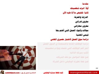 ‫الوظيفي‬ ‫مسارك‬ ‫ختطط‬ ‫كيف‬‫االستشاري‬/‫بيق‬ ‫آق‬ ‫صبحي‬–sakbik@aol.com
33
‫مقدمة‬
‫أوال‬:‫شخصيتك‬ ‫اعرف‬
‫ثانيا‬:‫اآلن‬ ‫عليه‬ ‫أنا‬ ‫ما‬ ‫تلخيص‬
‫الدراية‬‫واملعرفة‬:
‫خمزون‬‫قدراتي‬
‫خمزون‬‫مهاراتي‬
‫جماالت‬‫بها‬ ‫أهتم‬ ‫التي‬ ‫العمل‬ ‫وأجواء‬
‫قيمي‬‫املهنية‬
‫سوق‬ ‫دراسة‬‫املهني‬ ‫مصريي‬ ‫الختيار‬ ‫العمل‬
‫العمل‬ ‫السوق‬ ‫يف‬ ‫واملستحدثة‬ ‫املتاحة‬ ‫الوظائف‬ ‫دراسة‬
‫شخصيتك‬ ‫وتواءم‬ ‫تهمك‬ ‫التي‬ ‫الوظائف‬ ‫أهم‬ ‫اخرت‬
‫الذاتية‬ ‫سريتك‬ ‫اكتب‬
‫الشركات‬ ‫تلك‬ ‫مع‬ ‫التواصل‬ ‫خطة‬ ‫ضع‬
‫الشركة‬ ‫داخل‬ ‫الوظيفي‬ ‫تطورك‬ ‫خطة‬ ‫ضع‬
 