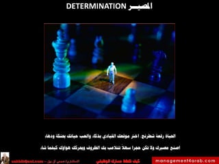 ‫الوظيفي‬ ‫مسارك‬ ‫ختطط‬ ‫كيف‬‫االستشاري‬/‫بيق‬ ‫آق‬ ‫صبحي‬–sakbik@aol.com
34
‫املصيــر‬DETERMINATION
‫ودهاء‬ ‫حبنكة‬ ‫حياتك‬ ‫والعب‬ ‫بذكاء‬ ‫القيادي‬ ‫موقعك‬ ‫اخرت‬ ،‫شطرنج‬ ‫رقعة‬ ‫احلياة‬
‫وحيركك‬ ‫الظروف‬ ‫بك‬ ‫تتالعب‬ ‫سهال‬ ‫حجرا‬ ‫تكن‬ ‫وال‬ ‫مصريك‬ ‫اصنع‬‫كيفما‬ ‫هواؤك‬‫شاء‬
 