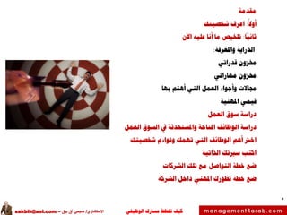 ‫الوظيفي‬ ‫مسارك‬ ‫ختطط‬ ‫كيف‬‫االستشاري‬/‫بيق‬ ‫آق‬ ‫صبحي‬–sakbik@aol.com
5
‫مقدمة‬
‫أوال‬:‫شخصيتك‬ ‫اعرف‬
‫ثانيا‬:‫اآلن‬ ‫عليه‬ ‫أنا‬ ‫ما‬ ‫تلخيص‬
‫الدراية‬‫واملعرفة‬:
‫خمزون‬‫قدراتي‬
‫خمزون‬‫مهاراتي‬
‫جماالت‬‫بها‬ ‫أهتم‬ ‫التي‬ ‫العمل‬ ‫وأجواء‬
‫قيمي‬‫املهنية‬
‫العمل‬ ‫سوق‬ ‫دراسة‬
‫العمل‬ ‫السوق‬ ‫يف‬ ‫واملستحدثة‬ ‫املتاحة‬ ‫الوظائف‬ ‫دراسة‬
‫اخرت‬‫شخصيتك‬ ‫وتواءم‬ ‫تهمك‬ ‫التي‬ ‫الوظائف‬ ‫أهم‬
‫الذاتية‬ ‫سريتك‬ ‫اكتب‬
‫الشركات‬ ‫تلك‬ ‫مع‬ ‫التواصل‬ ‫خطة‬ ‫ضع‬
‫تطورك‬ ‫خطة‬ ‫ضع‬‫داخل‬ ‫املهني‬‫الشركة‬
 