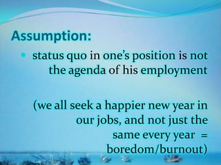 Assumption:
 status quo in one’s position is not
the agenda of his employment
(we all seek a happier new year in
our jobs, and not just the
same every year =
boredom/burnout)
 