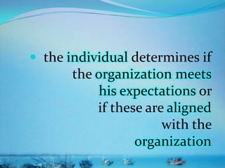  the individual determines if
the organization meets
his expectations or
if these are aligned
with the
organization
 