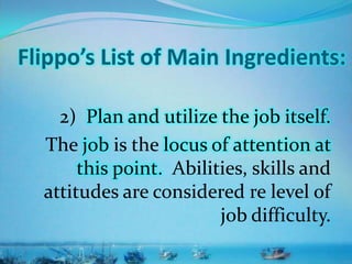 Flippo’s List of Main Ingredients:
2) Plan and utilize the job itself.
The job is the locus of attention at
this point. Abilities, skills and
attitudes are considered re level of
job difficulty.
 