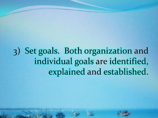 3) Set goals. Both organization and
individual goals are identified,
explained and established.
 