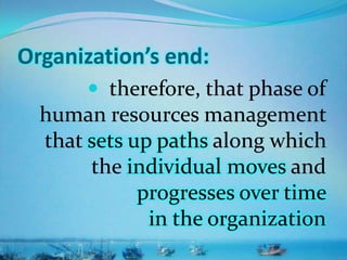 Organization’s end:
 therefore, that phase of
human resources management
that sets up paths along which
the individual moves and
progresses over time
in the organization
 