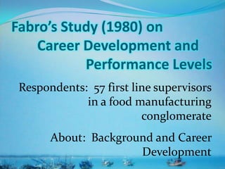 Fabro’s Study (1980) on
Career Development and
Performance Levels
Respondents: 57 first line supervisors
in a food manufacturing
conglomerate
About: Background and Career
Development
 
