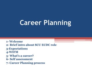 Career Planning
1- Welcome
2- Brief intro about SCU ECDC role
3-Expectations
4-WIFM
5- What’s a career?
6- Self assessment
7- Career Planning process
 