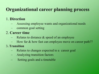 Organizational career planning process
1. Direction
– Assessing employee wants and organizational needs
– common goal setting
2. Career time
– Relates to distance & speed of an employee
– How far & how fast can employee move on career path??
3. Transition
– Relates to changes expected to a career goal
– Analyzing transition factors
– Setting goals and a timetable
 