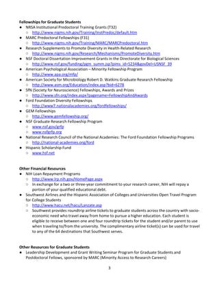 3
Fellowships for Graduate Students
● NRSA Institutional Predoctoral Training Grants (T32)
○ http://www.nigms.nih.gov/Training/InstPredoc/default.htm
● MARC Predoctoral Fellowships (F31)
○ http://www.nigms.nih.gov/Training/MARC/MARCPredoctoral.htm
● Research Supplements to Promote Diversity in Health-Related Research
○ http://www.nigms.nih.gov/Research/Mechanisms/PromoteDiversity.htm
● NSF Doctoral Dissertation Improvement Grants in the Directorate for Biological Sciences
○ http://www.nsf.gov/funding/pgm_summ.jsp?pims_id=5234&govDel=USNSF_39
● American Psychological Association – Minority Fellowship Program
○ http://www.apa.org/mfp/
● American Society for Microbiology Robert D. Watkins Graduate Research Fellowship
○ http://www.asm.org/Education/index.asp?bid=6278
● SfN (Society for Neuroscience) Fellowships, Awards and Prizes
○ http://www.sfn.org/index.aspx?pagename=FellowshipAndAwards
● Ford Foundation Diversity Fellowships
○ http://www7.nationalacademies.org/fordfellowships/
● GEM Fellowships
○ http://www.gemfellowship.org/
● NSF Graduate Research Fellowship Program
○ www.nsf.gov/grfp
○ www.nsfgrfp.org
● National Research Council of the National Academies: The Ford Foundation Fellowship Programs
○ http://national-academies.org/ford
● Hispanic Scholarship Fund
○ www.hsf.net
Other Financial Resources
● NIH Loan Repayment Programs
○ http://www.lrp.nih.gov/HomePage.aspx
○ In exchange for a two or three-year commitment to your research career, NIH will repay a
portion of your qualified educational debt.
● Southwest Airlines and the Hispanic Association of Colleges and Universities Open Travel Program
for College Students
○ http://www.hacu.net/hacu/Lanzate.asp
○ Southwest provides roundtrip airline tickets to graduate students across the country with socio-
economic need who travel away from home to pursue a higher education. Each student is
eligible to receive between one and four roundtrip tickets for the student and/or parent to use
when traveling to/from the university. The complimentary airline ticket(s) can be used for travel
to any of the 64 destinations that Southwest serves.
Other Resources for Graduate Students
● Leadership Development and Grant Writing Seminar Program for Graduate Students and
Postdoctoral Fellows, sponsored by MARC (Minority Access to Research Careers)
 