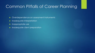 Common Pitfalls of Career Planning


Overdependence on assessment instruments



Inadequate interpretation



Inappropriate use



Inadequate client preparation

 