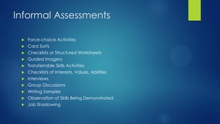 Informal Assessments













Force-choice Activities
Card Sorts
Checklists or Structured Worksheets
Guided Imagery
Transferrable Skills Activities
Checklists of Interests, Values, Abilities
Interviews
Group Discussions
Writing Samples
Observation of Skills Being Demonstrated
Job Shadowing

 