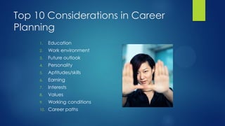 Top 10 Considerations in Career
Planning
1.

Education

2.

Work environment

3.

Future outlook

4.

Personality

5.

Aptitudes/skills

6.

Earning

7.

Interests

8.

Values

9.

Working conditions

10.

Career paths

 