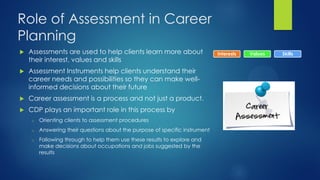 Role of Assessment in Career
Planning


Assessments are used to help clients learn more about
their interest, values and skills



Assessment Instruments help clients understand their
career needs and possibilities so they can make wellinformed decisions about their future



Career assessment is a process and not just a product.



CDP plays an important role in this process by
o

Orienting clients to assessment procedures

o

Answering their questions about the purpose of specific instrument

o

Following through to help them use these results to explore and
make decisions about occupations and jobs suggested by the
results

Interests

Values

Skills

 