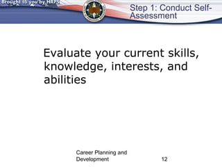 Step 1: Conduct Self- 
Assessment 
Evaluate your current skills, 
knowledge, interests, and 
abilities 
Career Planning and 
Development 12 
 