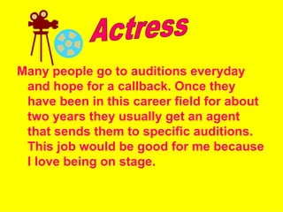 Many people go to auditions everyday
 and hope for a callback. Once they
 have been in this career field for about
 two years they usually get an agent
 that sends them to specific auditions.
 This job would be good for me because
 I love being on stage.
 