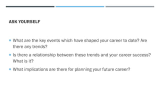 ASK YOURSELF
 What are the key events which have shaped your career to date? Are
there any trends?
 Is there a relationship between these trends and your career success?
What is it?
 What implications are there for planning your future career?
 