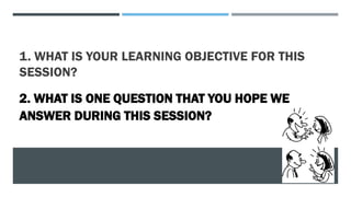 1. WHAT IS YOUR LEARNING OBJECTIVE FOR THIS
SESSION?
2. WHAT IS ONE QUESTION THAT YOU HOPE WE
ANSWER DURING THIS SESSION?
 