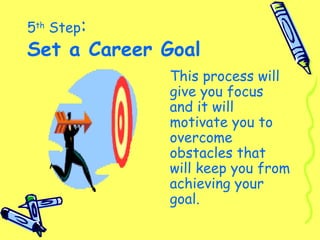 5th
Step:
Set a Career Goal
This process will
give you focus
and it will
motivate you to
overcome
obstacles that
will keep you from
achieving your
goal.
 
