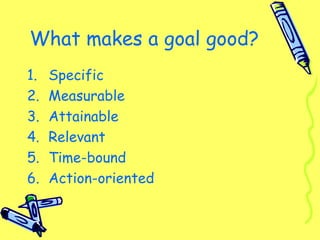 What makes a goal good?
1. Specific
2. Measurable
3. Attainable
4. Relevant
5. Time-bound
6. Action-oriented
 