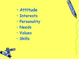 • Attitude
•   Interests
•   Personality
•   Needs
•   Values
•   Skills
 