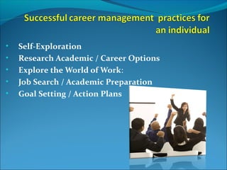 • Self-Exploration
• Research Academic / Career Options
• Explore the World of Work:
• Job Search / Academic Preparation
• Goal Setting / Action Plans
 