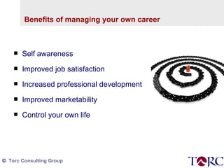Benefits of managing your own career Self awareness Improved job satisfaction Increased professional development Improved marketability Control your own life 