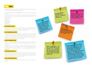 Top tips
Whatever method you use to record your goals, follow this 5 point plan to get
them as sharp and empowering as possible.
You have probably heard of "SMART goals" already. But do you always apply
the rule?
The simple fact is that for goals to be powerful, they should be designed
to be SMART. There are many variations of what SMART stands for, but the
essence is this –
goals should be:
● Specific.
● Measurable.
● Attainable.
● Relevant.
● Time Bound.
1. SET SPECIFIC GOALS
Your goal must be clear and well defined. Vague or generalised goals are
unhelpful because they don't provide sufficient direction. Goals show you
the way, you need clear direction to travel so clarity is key.
2. SET MEASURABLE GOALS
Include precise amounts, dates, and so on in your goals so you can measure
your degree of success. If your goal is simply defined as "To reduce expens-
es" how will you know when you have been successful? Without a way to
measure your success you miss out on the celebration that comes with
knowing you have actually achieved something.
3. SET ATTAINABLE GOALS
Make sure that it's possible to achieve the goals you set. If you set a goal that
you have no hope of achieving, you will only demoralise you and zap your
confidence.
However, resist the urge to set goals that are too easy. By setting realistic yet
challenging goals, you hit the balance you need. These are the types of goals
that require you to "raise the bar" and they bring the greatest personal
satisfaction.
4. SET RELEVANT GOALS
Goals should be relevant to the direction you want your life and career to take.
By keeping goals aligned with this, you'll develop the focus you need to get
ahead and do what you want. Set widely scattered and inconsistent goals,
and you'll fritter your time – and your life – away.
5. SET TIME-BOUND GOALS
You goals must have a deadline. This gives you focus and helps you
prioritise.
Always frame goals in the positive -
itʻs just more motivating e.g. “I will
stop smoking” although clear and
direct it makes your mind think
about what you are giving up.
Instead, try framing it positively and
think about it as getting fit and
healthy, having whiter teeth, being
able to run a mile… whatever focuses
your mind positively on the gain you
will have as a result of quitting.
Get juiced when you
write them, build
emotion – it is emotion
that moves us.
How motivating for you
are they? If they are filled
with corporate speak
they wont be.
Think about how you would
describe your goals to a
friend or colleague - would
they understand them?
Make an action plan so you
can see which goals you are
focusing on at a particular
time - you canʻt do them all at
once! This will help you devel-
op new habits that support
the new you!
Have your goals in obvious
places so you can look at
them frequently - your
wallet, your desk, your
desktop, your mirror so
you can look whilst
cleaning your teeth etc.
 