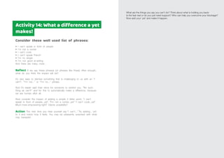 What are the things you say you can’t do? Think about what is holding you back:
Is the fear real or do you just need support? Who can help you overcome your blockage?
Now add your ‘yet’ and make it happen.
Consider these well used list of phrases:
• I can’t speak in front of people
• I’m not a runner
• I can’t cook
• I can’t speak French
• I’m no singer
• I’m not good at writing
And there are many more..
Reﬂect If we say these phrases (or phrases like these) often enough,
what do you think the impact will be?
It’s very easy to dismiss something that is challenging to us with an “I
can’t”, “I’m not...” or “I’m no...” phrase.
And it’s easier said than done for someone to remind you, “No such
thing as can’t!” and for this to automatically make a difference, because
we are human after all.
Now consider the impact of adding a simple 3 letter word: “I can’t
speak in front of people...yet”, “I’͛m not a runner...yet” “I can’t cook...yet”
Much more empowering right? Injects possibility?
Action The next time you hear yourself say “I can’t...” Try adding…’yet’
to it and notice how it feels. You may be pleasantly surprised with what
may transpire!
Activity 14: What a difference a yet
makes!
 