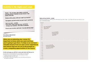 Highs
10
09
08
07
06
05
04
03
02
01
-01
-02
-03
-04
-05
-06
-07
-08
-09
-10
Lows
‘Cheshire – Pussʻ she began, rather timidly, as she did not
at all know whether it would like the name; however, it only
grinned a little wider.
‘Would you tell me, please, which way I ought to go from here?ʻ
‘That depends a good deal on where you want to get toʻ, said the Cat
‘I donʻt care where…ʻ said Alice
‘Then it doesnʻt matter which way you go,ʻ said the Cat
‘.. So long as I get somewhere,ʻ Alice added an explanation.
‘Oh youʻre sure to do that,ʻ said the Cat, ‘if you only walk long enough.ʻ
are going to get there
• Look back at past experiences to see what you have learnt
• Assess how you are going to use those lessons to better
understand what you want now
• Think about what you are going to do in the future and how you
Highs and lows timeline – sample
Using this example as a starting point, think about your life to date – your highs and lows and draw up your
own conﬁdential timeline.
From Alice in Wonderland
by Lewis Carroll
When you are planning your career, it’s
important to know what you want and how
you’re going to get there. To help us we can learn
valuable lessons from our past career experiences
and choices that we can use in the present to
create compelling opportunities in the future.
On the next page you will ﬁnd a career path which will help you to:
Was made permanent
after a temporary
Christmas job
Great performance
review and offered
an exciting project
opportunitiy
Got into a clash with
an experienced colleague
as I was over enthusiastic
in sharing new ideas
Activity 3: My Highs and Lows
 